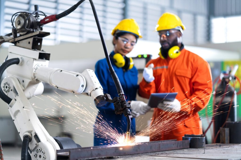 Robotics-image by <a href="https://www.freepik.com/free-photo/engineer-cooperation-male-female-technician-maintenance-control-relay-robot-arm-system-welding-with-tablet-laptop-control-quality-operate-process-work-heavy-industry-40-manufacturing-factory_25118329.htm">Image by Lifestylememory on Freepik</a>